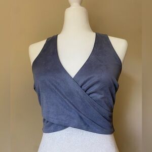 Dusty blue Windsor suede front cross, back zip crop top